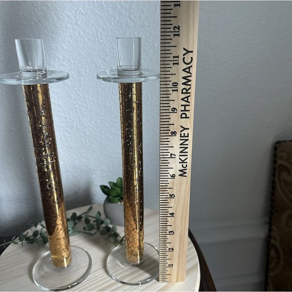 VTG Mid Century Candlestick Holders‎ 11.5 Inch Gold Clear Crackle Glass Decor